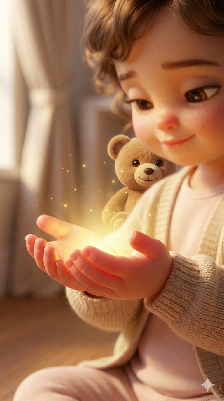 Little girl holding light in her hands with bear