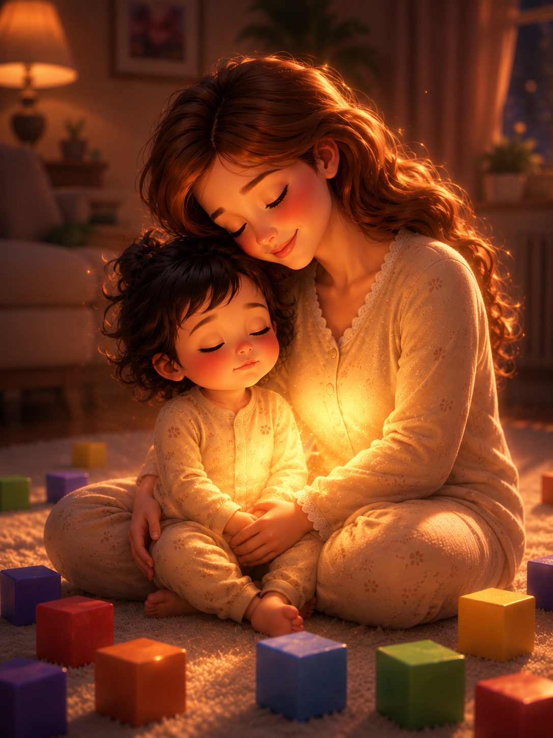A mother holding her glowing child